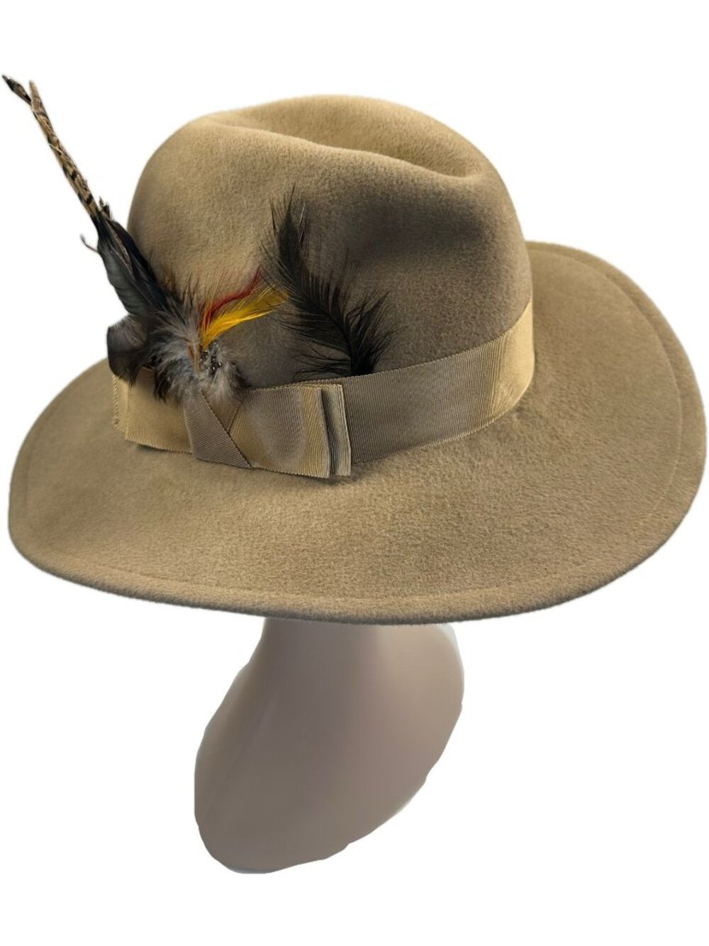 Betmar Unisex Wool Felt Fedora Hat Tan Wide Brim Feather S